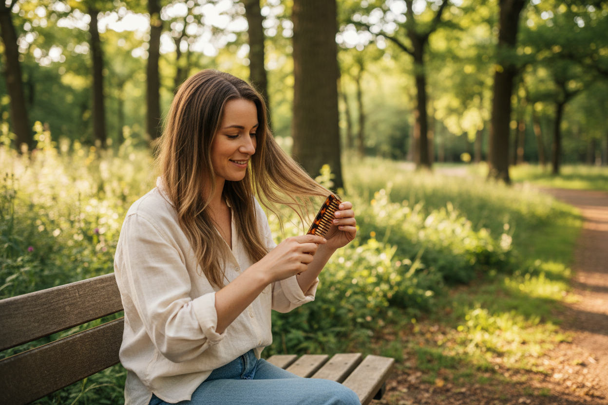 une femme dans un parc qui ce brosse les cheveux avec un mini peigne de poche