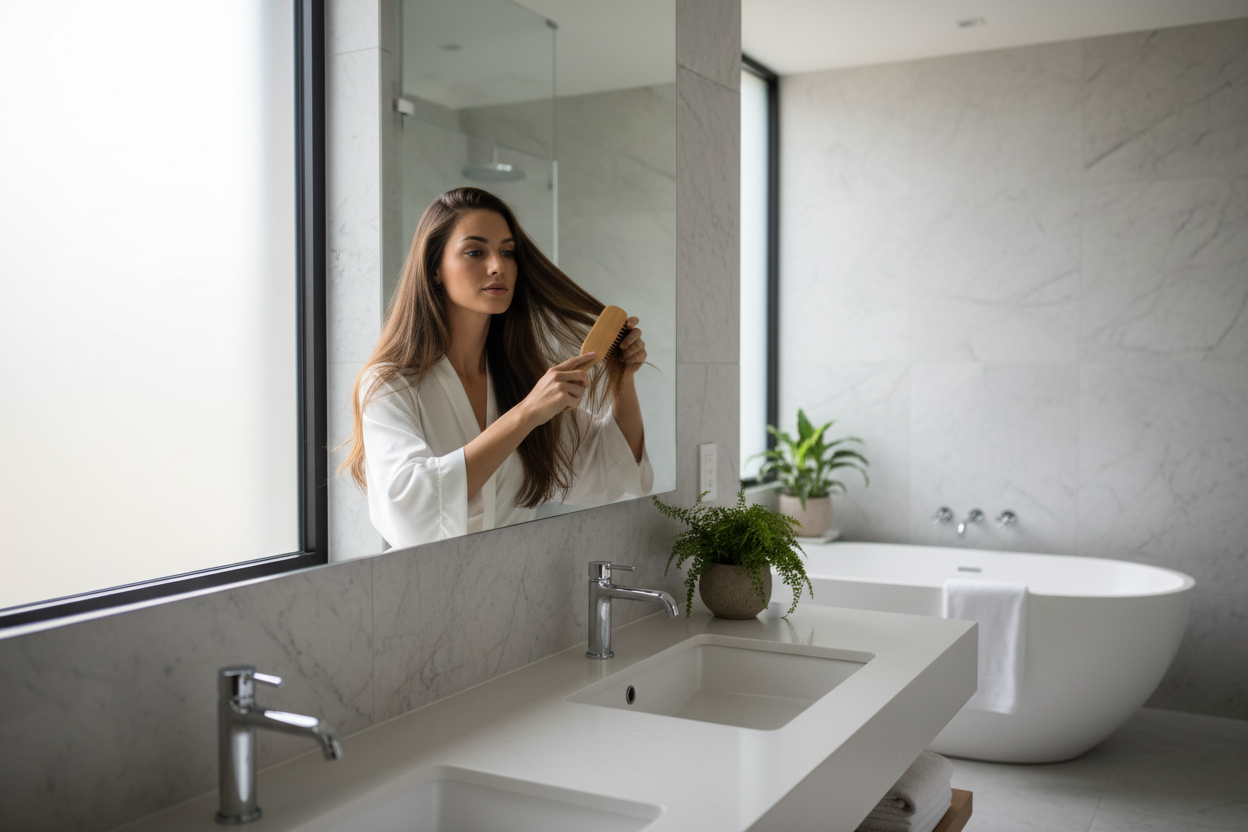 une femme qui ce coiffe avec une brosse a cheveux dans une salle de bain