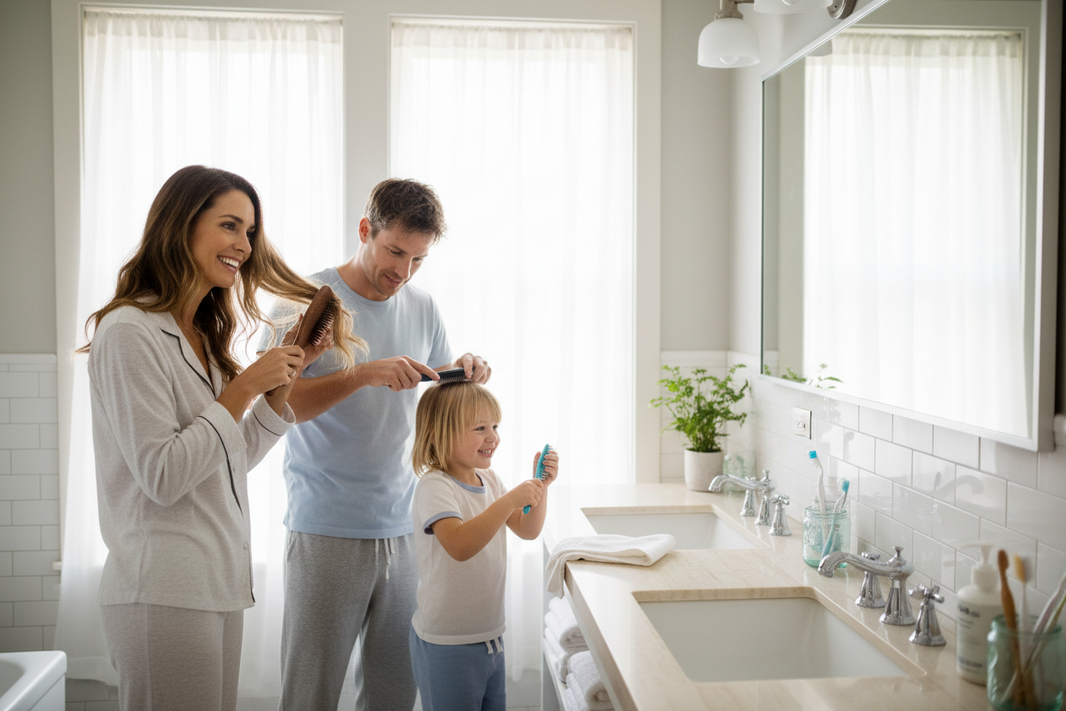 une femme un homme est un enfant dans une salle de bain entrain de ce brosser les cheveux avec une brosse a cheveux