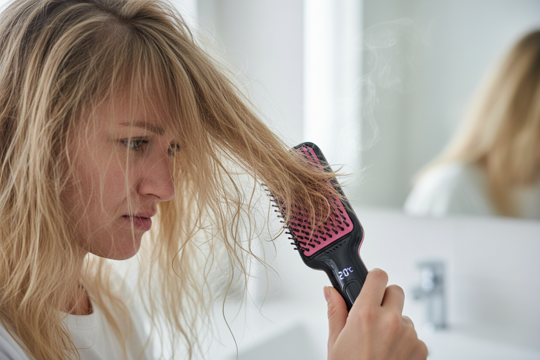 une tête d'une femme avec des cheveux cassant entrain de ce brosser avec une brosse chauffante